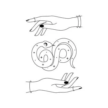 Magical hands and celestial snake in outline style. Spiritual serpent symbol for Stock Illustration