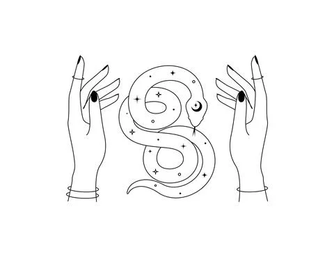 Magical hands and celestial snake in outline style. Spiritual tribal serpent Stock Illustration