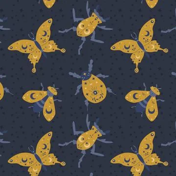Magical insect on dark backdrop - seamless pattern Stock Illustration