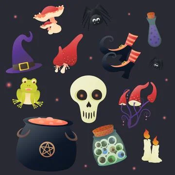 Magical items set in cartoon style on dark background, fantasy colourful Stock Illustration