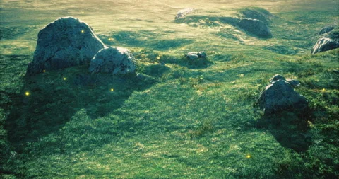 Magical landscape with glowing elements beneath a serene afternoon light Stock Footage 306156263