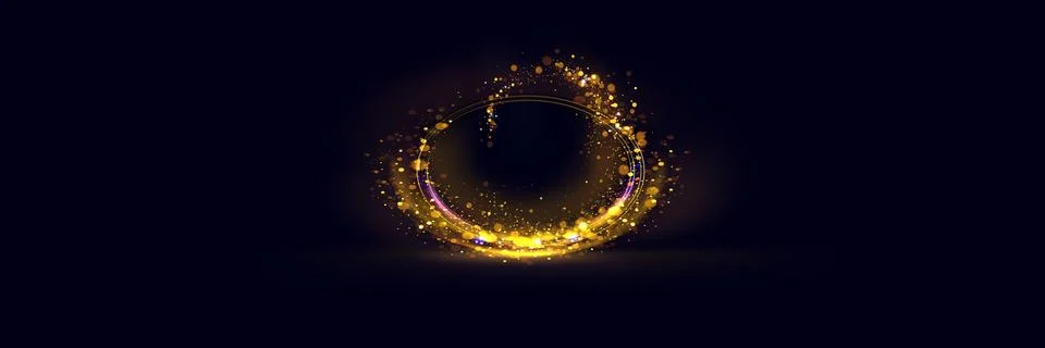 Magical light effect. Rotating luminous ellipses. Dynamic golden rings on black Stock Illustration