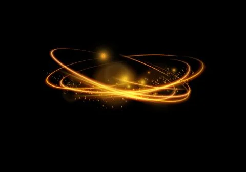 Magical light effect. Rotating luminous ellipses. Dynamic golden rings on black Stock Illustration