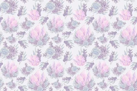 A magical lilac pattern of crystal illustrations and flowers of succulents, t Stock Illustration