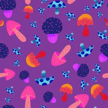 Magical mushrooms seamless pattern design on purple background Stock Illustration