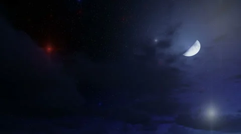 Magical night sky with stars and half moon Stock Footage