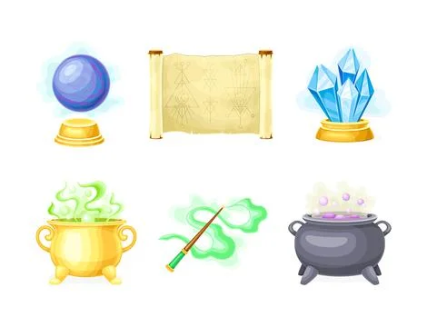 Magical Object and Witchcraft with Crystal Ball, Scroll, Magic Wand and Cauldron Illustrazione stock