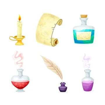 Magical Object and Witchcraft with Flask, Candle, Scroll and Quill with Ink Ilustración de archivo