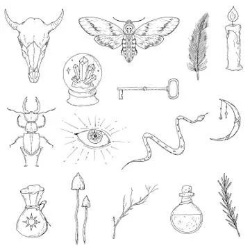 Magical occult elements. Vector set of witchcraft accessories. Isolated objects. Stock Illustration