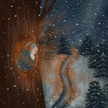 Magical owl sitting inside a tree and looking down illustration Fairy tale drawn Ilustración de archivo