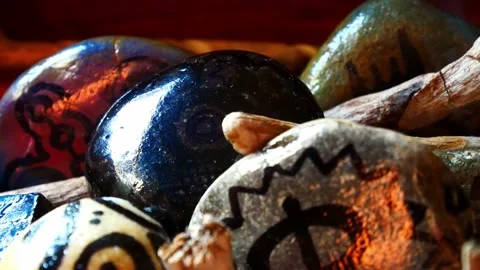 Magical painted Viking drawing patterned spiritual stones colourful hobby Stock Footage 158932719