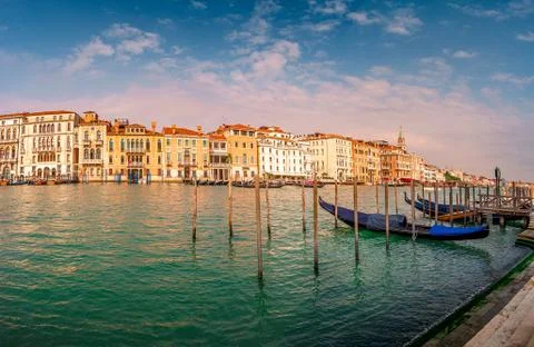 Magical panoramic view during sunset over gondolas in Venice, Grand Canal and Stock Photos