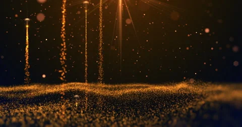 Magical particles rising from light waves on golden background Stock Footage 309683791