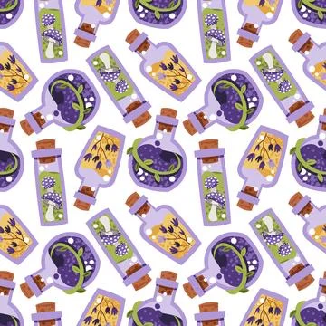 Magical Potion Bottles Seamless Pattern with Elixirs, Spell Jars and Mystic Stock Illustration