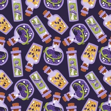 Magical Potion Bottles Seamless Pattern with Elixirs, Spell Jars and Mystic Stock Illustration