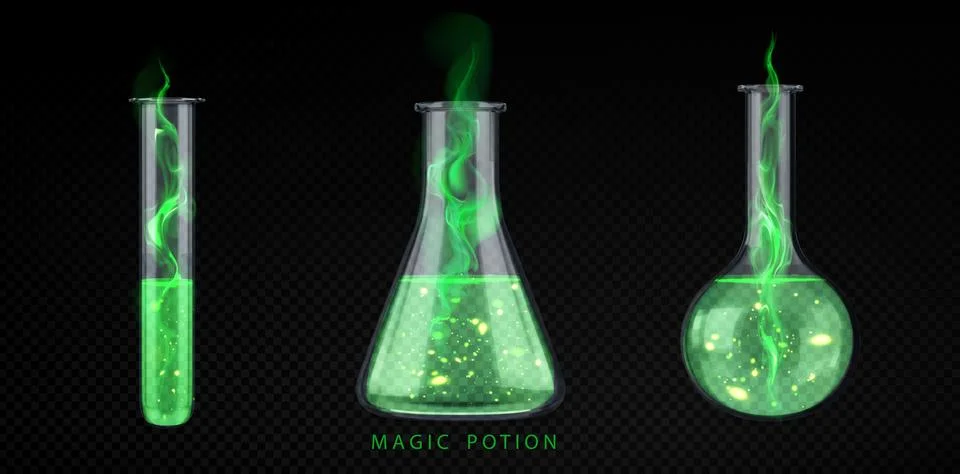 Magical potion elixir bottle, glowing green smoke Stock Illustration