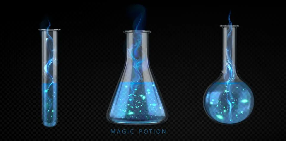 Magical potion elixir bottle, glowing blue smoke Stock Illustration