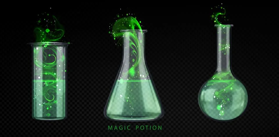 Magical potion elixir bottle, glowing green swirls Stock Illustration