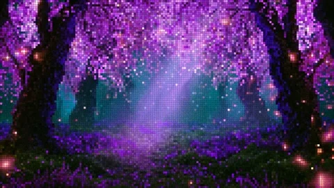 Magical purple pixel art forest with glowing fireflies loop Stock Footage 344111040