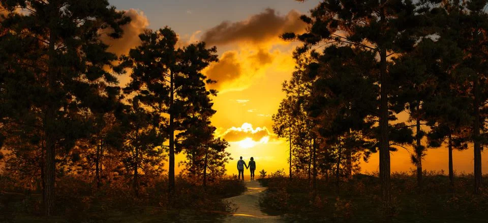 Magical scene in nature during dramatic colorful sunset. Stock Illustration