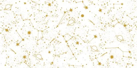 Magical seamless pattern with golden constellations and stars on a white Stock Illustration