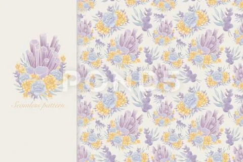 A magical, seamless pattern of purple crystal illustrations, decorated with PSD Template