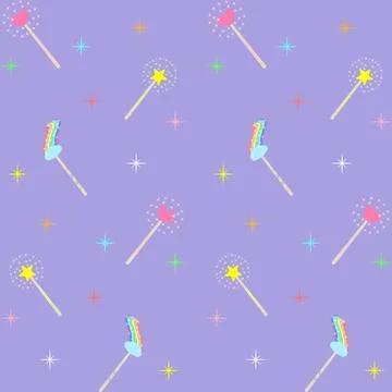 A magical, seamless pattern of wands and glitter. Purple background. Cute, c 스톡 일러스트