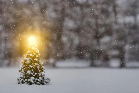 Magical shining star on a small Christmas tree in the snowy field - great for a Stock Photos