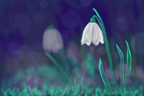 A magical snowdrop on a dark background. Stock Illustration