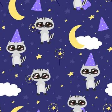 Magical starry night seamless pattern with cute raccoon character with wand a Stockillustratie
