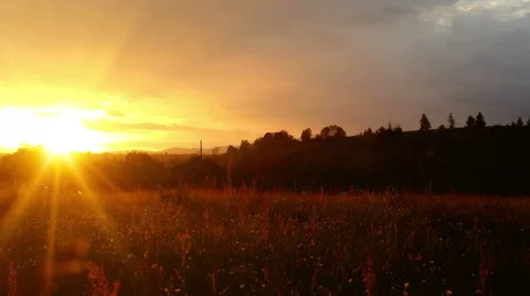 Magical sunset over green meadow at countryside, zoom out Stock Footage