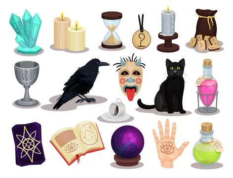 Magical Things and Witchcraft Elements with Crystal Ball, Candle, Goblet, Raven Illustrazione stock