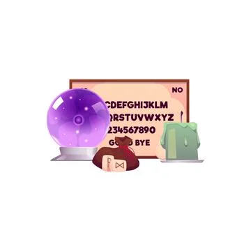 Magical vector elements for divination: crystal ball, runes, wooden oracle bo Stock Illustration