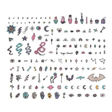 Magical witch collection. Big set of hand drawn magic elements. Boho style... Illustrazione stock
