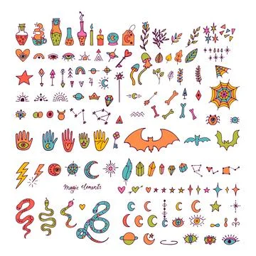 Magical witch collection. Boho style. Big set of hand drawn magic elements... Stock Illustration