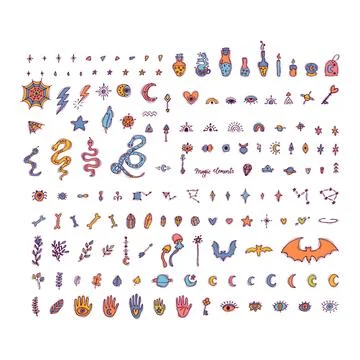 Magical witch set. Hand drawn, doodle, sketch magician collection. Happy Ha.. Stock Illustration