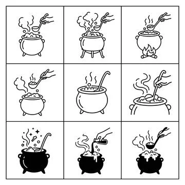 Magical witchcraft cauldron illustrations, black line art and silhouette, s.. Stock Illustration