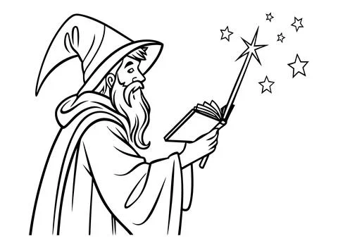 Magical wizard reading spell book with glowing wand coloring page design. Stock Illustration