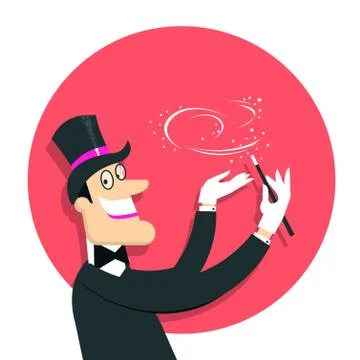 Magician doing a trick with Magic wand.Vector background illustration isolate Stock Illustration