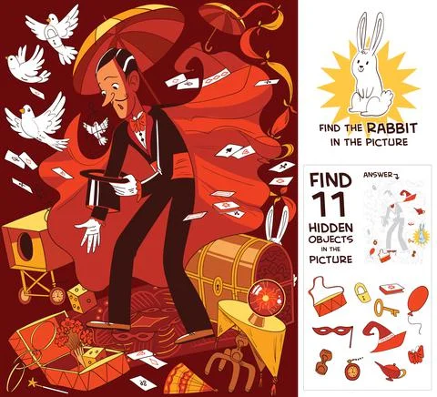 Magician. Find 11 hidden objects in the picture Stock Illustration