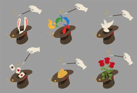 Magician hat set, flat vector isolated illustration. Illusionist top hat for Stock Illustration