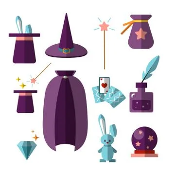 Magician illusionist vector flat set with fabulous items - magic hat, rabbit Illustrazione stock