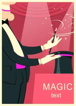 Magician man doing a trick with Magic wand and black magic hat on show theate Stock Illustration