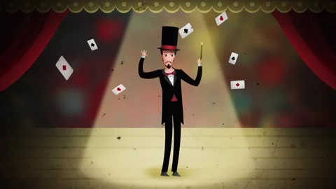Magician performing card magic with floating cards on a theater stage Vídeo Stock 342361128