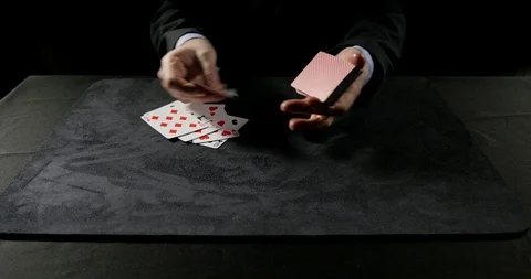 Magician performs a top shot with playing cards. Stock Footage 100786330