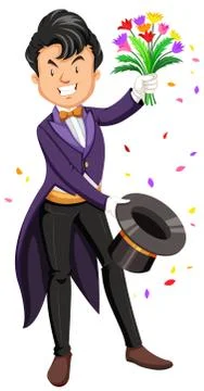 Magician pulling flowers out of a hat Stock Illustration