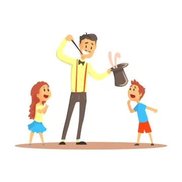 Magician pulling out a rabbit from his top hat before happy people, circus or Stock Illustration