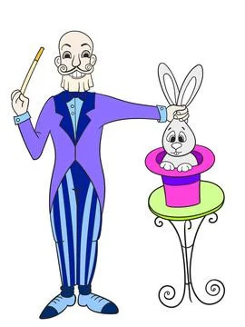 Magician pulls rabbit out of hat. Isolated character, color. Stock Illustration