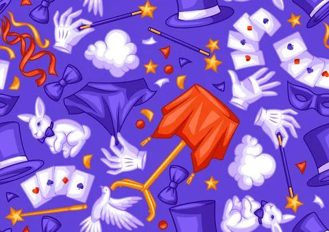 Magician seamless pattern with magic items. Illusionist show or performance Stock Illustration