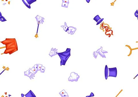 Magician seamless pattern with magic items. Illusionist show or performance Stock Illustration